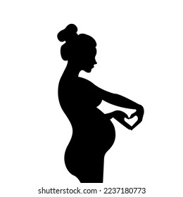 Black silhouette of a pregnant girl on a white background with a heart. Vector illustration