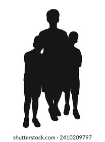 Black silhouette of a pregnant mother hugging her two sons, maternal feelings, isolated vector