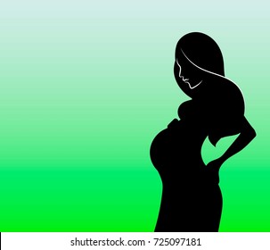 Black Silhouette Of Pregnant Woman In Blue Dress Holding Her Baby Bump Isolated