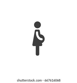 Black silhouette of pregnant woman in dress.  Isolated on white.  Vector Flat mother and motherhood icon. Pregnancy icon.