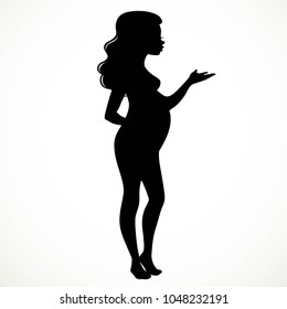 Black silhouette of a pregnant woman in full growth something tells isolated on a white background