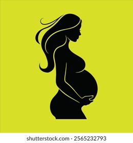 a black silhouette of a pregnant woman with long hair, holding her belly, set against a yellow background.