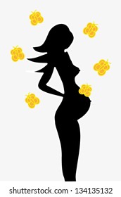 Black silhouette of pregnant woman on white background with orange butterflies, vector illustration