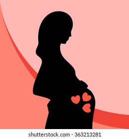 Black silhouette of pregnant woman, pink background. Multiple pregnancy.  Triplets (hearts). Illustration for web site or typography (magazine, brochure, flyer, poster), colorful.