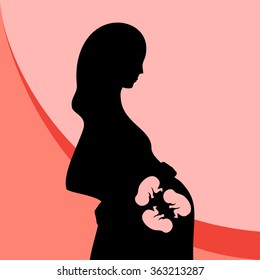 Black Silhouette Of Pregnant Woman, Pink Background. Multiple Pregnancy. Triplets (embryos). Illustration For An Article, Site Or Typography (magazine, Brochure, Flyer, Poster), Colorful