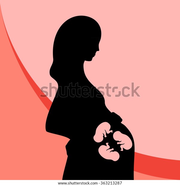 Black\
silhouette of pregnant woman, pink background. Multiple pregnancy.\
Triplets (embryos). Illustration for an article, site or typography\
(magazine, brochure, flyer, poster),\
colorful