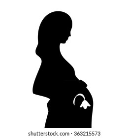 Black silhouette of pregnant woman, white background. Pregnancy problem. Missed abortion. Illustration for web or typography (magazine, brochure, flyer, poster) 