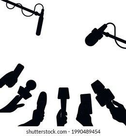 Black silhouette press conference or tv broadcasting. Set of microphones held by hands of correspondents. Concept of mass news and journalism, banner for speech interviewer, illustration vector