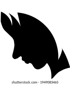 A black silhouette of a pretty young woman face with short hair keeping her head down. Sad gesture. Side view.