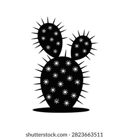 Black silhouette of a prickly pear cactus decorated with white star-shaped patterns and sharp needles.