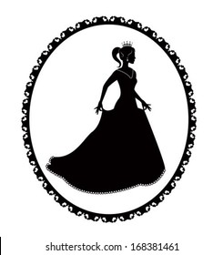 black silhouette of a princess in a long dress and retro frame 