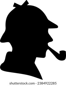 black silhouette private detective wearing retro hat and smoke pipe side view vector