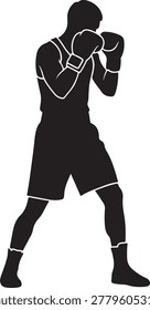 Black silhouette of a professional boxer standing in a fighting stance wearing boxing gloves ready for a match in a sports arena or ring competition silhouette vector