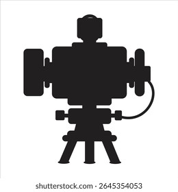 Black silhouette of a professional video camera mounted on a tripod. This vector illustration depicts a modern filming or broadcasting camera setup, ideal for media, movie production, live streaming, 