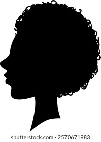 Black silhouette profile of an African American woman with curly hair, symbolizing diversity, celebrating identity, and embodying beauty in a minimalist and elegant design