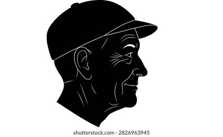 Black silhouette profile of an elderly man with a baseball cap on a clean white background, showcasing a side view.
