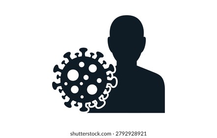 Black silhouette profile facing a large coronavirus particle illustration, representing health risks and pandemic awareness concepts.