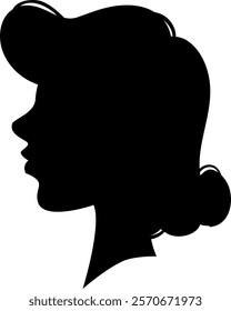 Black silhouette profile of female head with elegant retro hairstyle, isolated on white background, representing beauty, fashion, and vintage style