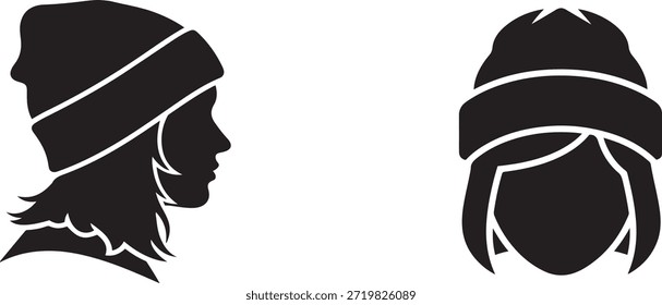 Schwarzes Silhouettenprofil und Frontansicht einer Person, die einen Beanie-Hut mit Haardetailkopf trägt