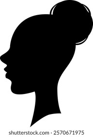 Black silhouette profile of a woman with a bun hairstyle looking left, isolated on a white background, representing beauty, fashion, and femininity