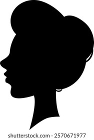 Black silhouette profile of a woman with elegant hairstyle facing left, isolated on a white background, suitable for beauty salon, fashion and hairstyle concepts