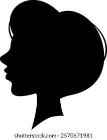 Black silhouette profile of a woman with elegant hairstyle looking left, isolated on a white background, ideal for beauty, fashion and style related concepts