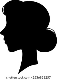 Black silhouette profile of woman with retro hairstyle facing left side, isolated on white background