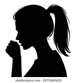 Black silhouette profile of a young woman with long hair tied back coughing into her hand.