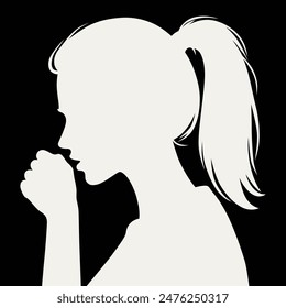 Black silhouette profile of a young woman with long hair tied back coughing into her hand.