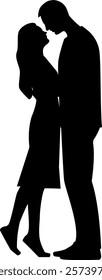 Black silhouette of profiles of a young man and a woman that standing and hugging . Vector illustration with transparent background.