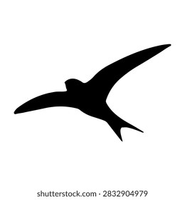 Black silhouette of a pterodactyl soaring through the sky, emphasizing its wingspan and prehistoric creature form against a plain background.