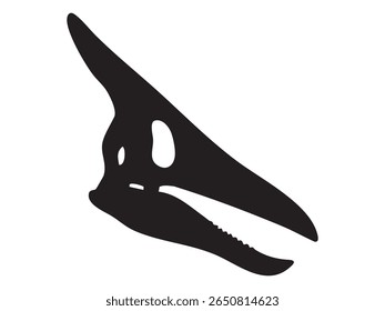 Black silhouette of pterosaur skull with long beak and sharp teeth, isolated on white background, graphic illustration. Concept of prehistoric flying reptile skeleton, pterodactyl fossil.
