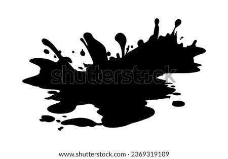 Black silhouette of puddle of water or mud with splashes and drops. Vector isolated on white. Paint, ink, dirt or blood splashes. Stain of splashes, drops of liquid. Dirt blot or blob. Design element