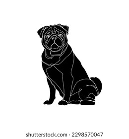 Black silhouette of the pug on white background. Graphic drawing. Vector illustration.