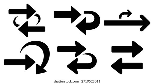 Una silueta negra de un conjunto de iconos de flechas de solicitud de extracción. Elemento gráfico simple.