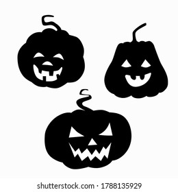 Black silhouette pumpkin with cut out eyes nose and grin mouth for Halloween. Jack lantern a symbol of the holiday eve of All Saints Day. Stock vector flat illustration isolated on white background.
