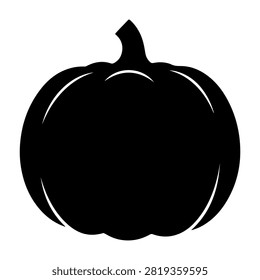 A black silhouette of a pumpkin, emphasizing its shape and stem, suitable for autumn, Halloween, or harvest themes in various design projects.