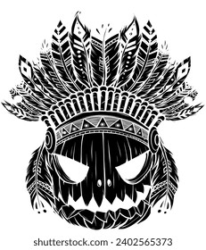 black silhouette of Pumpkin with feathers on white background. The Happy Halloween holiday.
