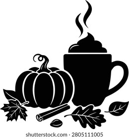 Black silhouette of pumpkin with hot drink and autumn leaves