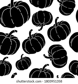 Calabaza de silueta negra, patrón sin costuras, cosecha de la temporada de otoño. Ilustración vectorial en estilo de caricatura plana sobre fondo blanco. 
