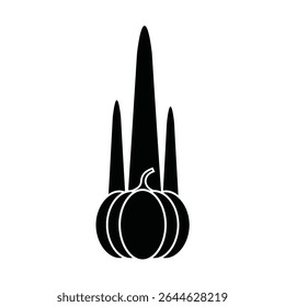 Black silhouette of a pumpkin with stalks.