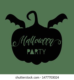 Black silhouette of a pumpkin with wings. Lettering Halloween party. Vector image on green background