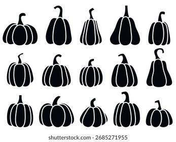 Black silhouette pumpkins of different sizes and shapes set. Ink shadow pumpkin icons. Hand drawn gourd vegetables clip art, vector elements