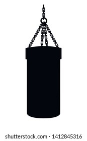 Black silhouette punching bag with metal chain hanging to the ceiling flat vector illustration.