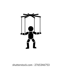 A black silhouette of a puppet controlled by strings from above, symbolizing control and manipulation.