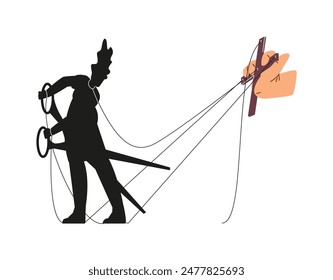 Black silhouette of puppet woman controlled by hand fights for liberation and freedom, emancipation vector illustration. Cartoon marionette cuts ropes with scissors. Manipulation, independence