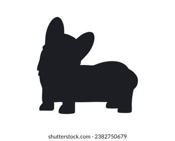 Silueta negra de perro de cachorro corgi. Retrato de un pequeño animal de mascota de pie. Ilustración vectorial dibujada a mano aislada en fondo blanco, estilo moderno de dibujos animados planos.