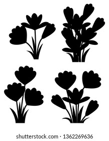 Black silhouette. Purple crocuses. Crocus vernus Spring Crocus, Giant Crocus . Purple early spring flower. Flat vector illustration isolated on white background. Icon set.