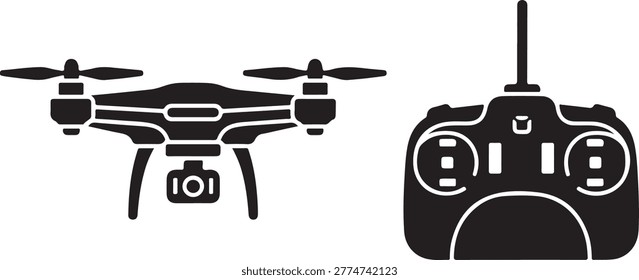 Black silhouette of a quadcopter drone with a camera and a remote control transmitter