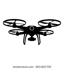 A black silhouette of a quadcopter drone with four rotors, showcasing its compact design and propellers against a white background.